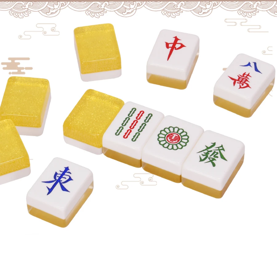 

Gold Crystal Chinese Mahjong Set Full Size High Quality Travel Resin Standard Chess Game Family Jogo De Tabuleiro Tournament Set