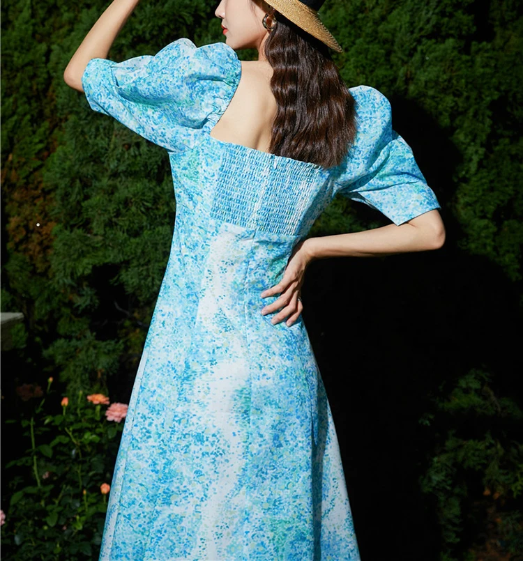 

Elegant Ladies New Summer Dress Chic Puff Sleeve Slim Dress Women Party Dresses Clothes Woman Dress Vintage Printed Dress SL278