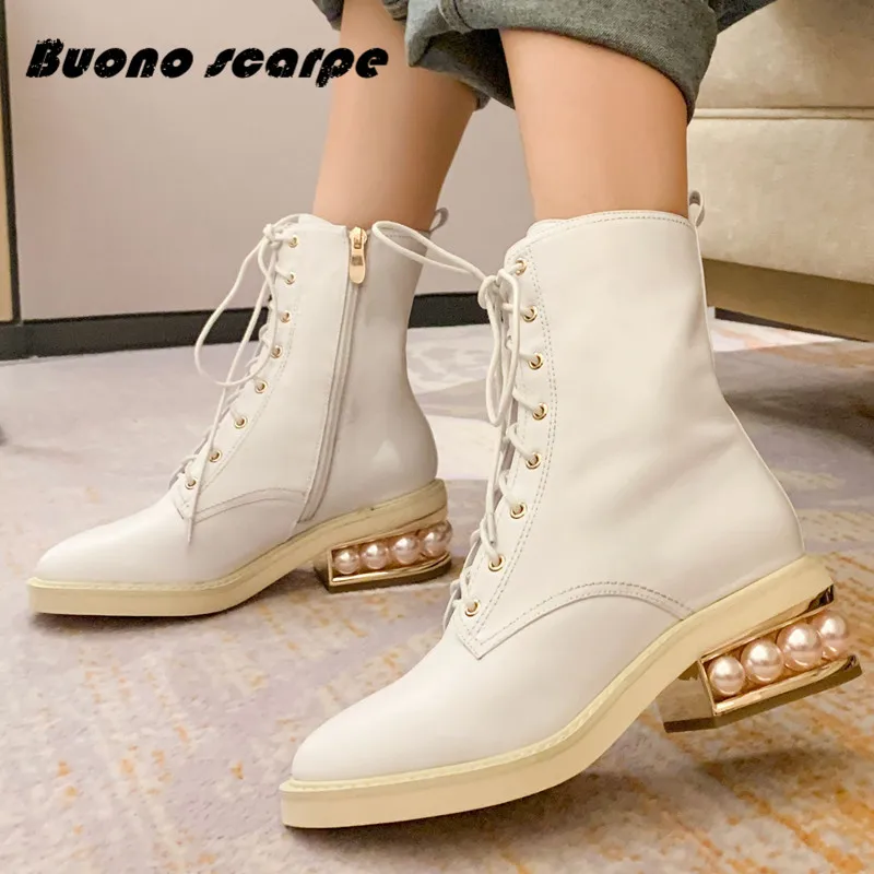 Новинка настоящий жемчуг BeadingLeather сезон осень-зима ботильоны с круглым носком на