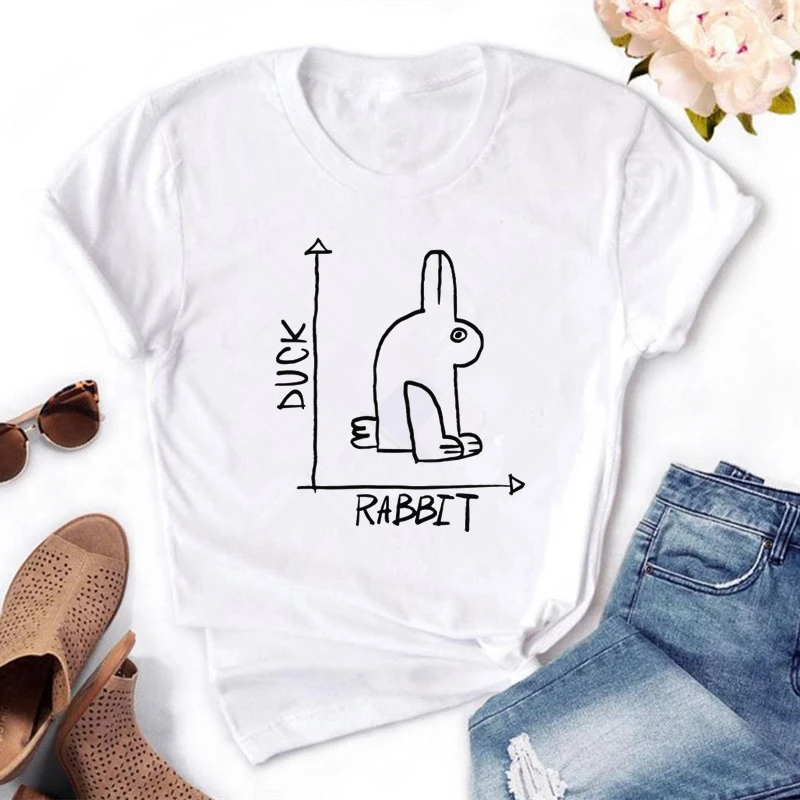 

2021 Summer Ladies t shirt DUCK RABBIT Print Funny t-shirt Women Casual Short Sleeve O Neck Top Tees