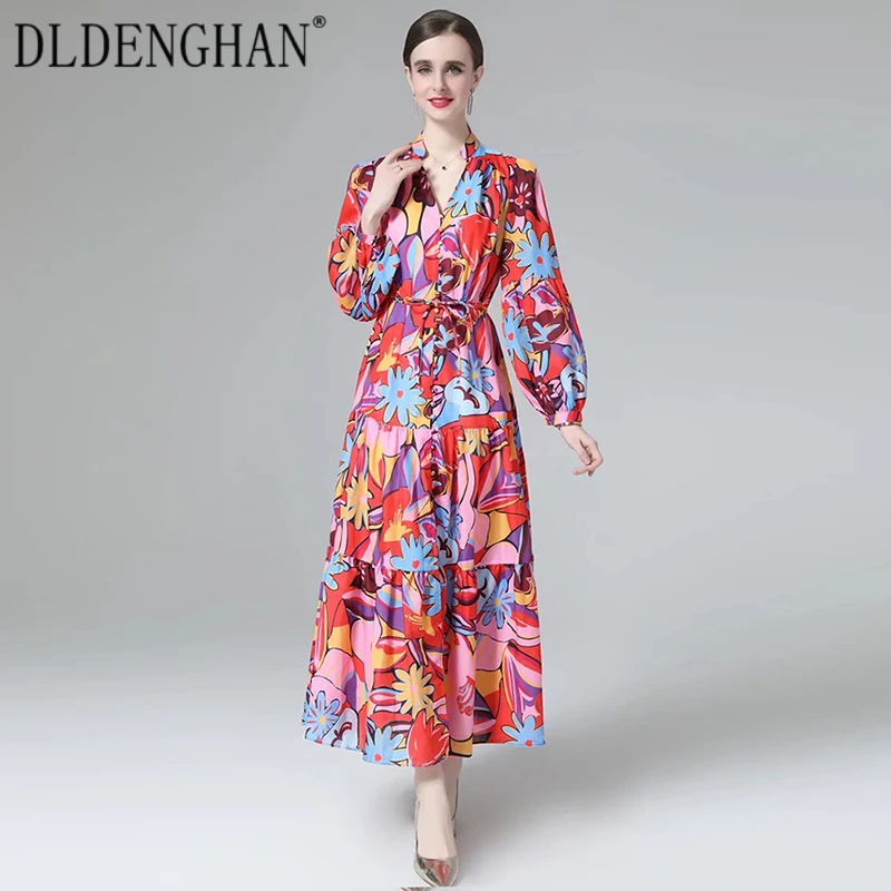 

DLDENGHAN Fashion Designer Spring Dress Woman V-neck Lantern Sleeve Sashes Floral Print Bohemian Vacation Long Dresses