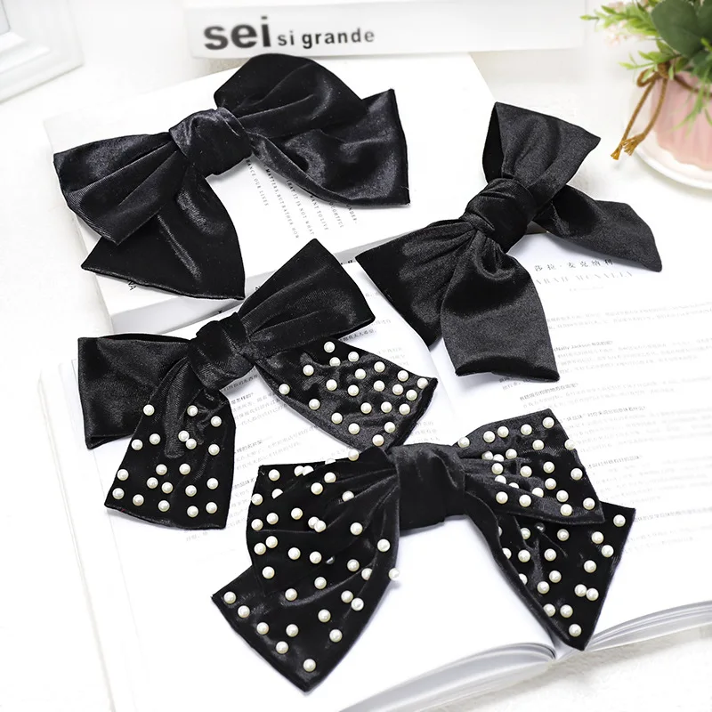 Бант Женский бархатный с/без зажимов большой бант с черным жемчугом в горошек
