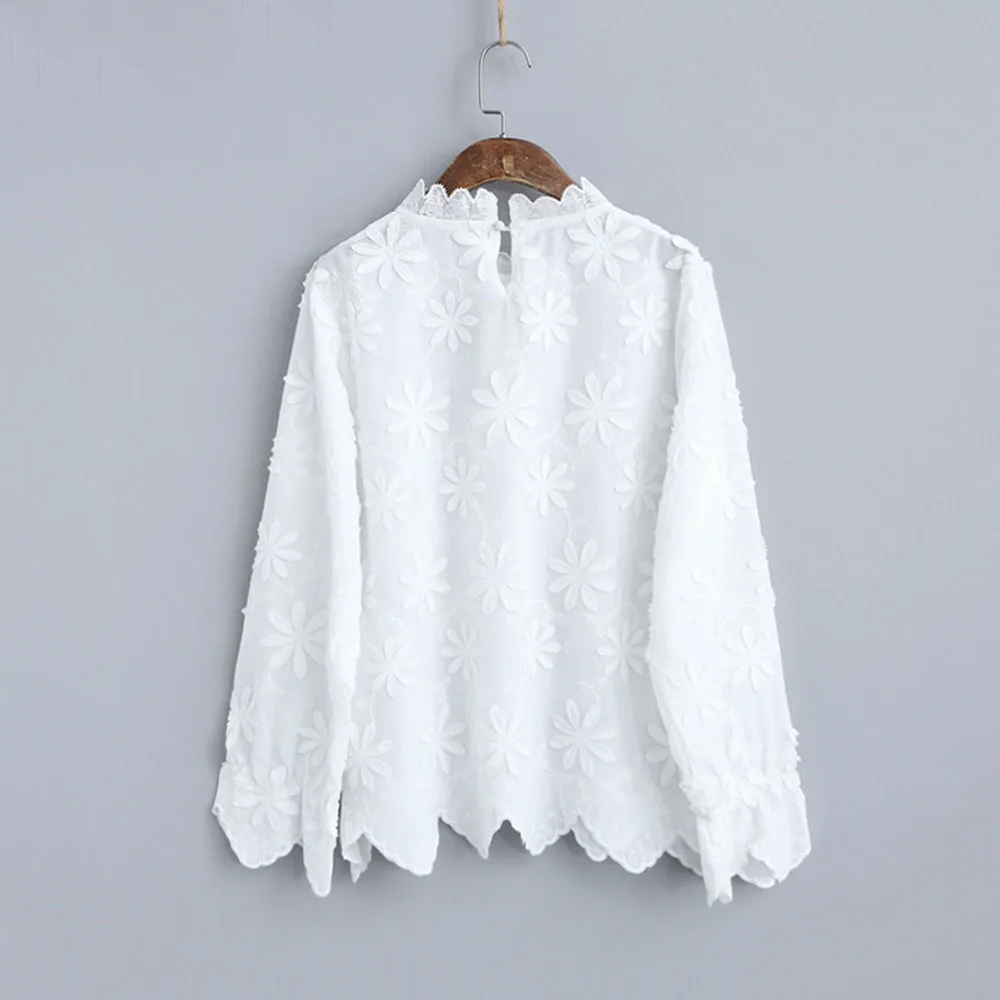 Женская белая блузка с цветочной вышивкой кружевная воротником-стойкой и