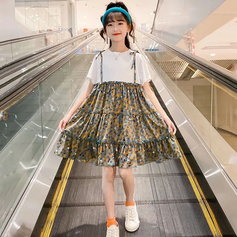 

Летнее платье для девочек с принтом комплект из 2 предметов с коротким рукавом платья детское шифоновое Повседневное платье для девочек-под...