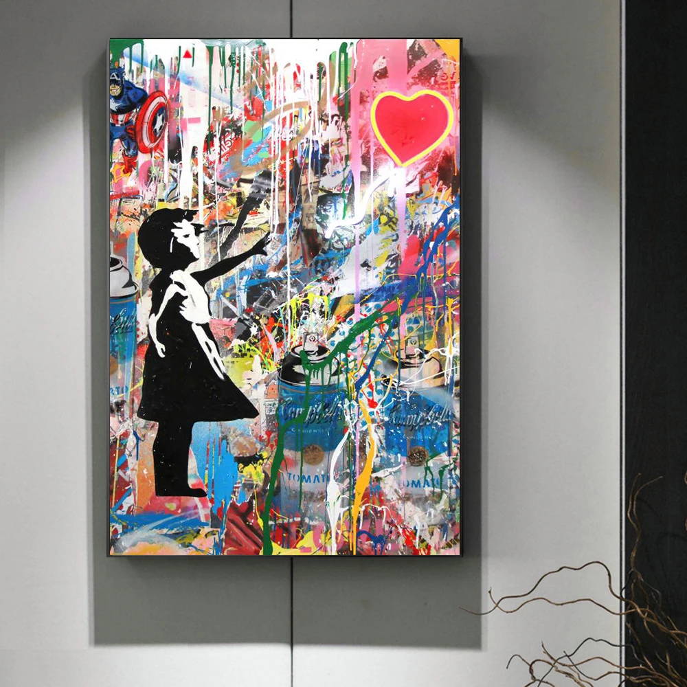 

Graffiti Girl with Flying Love Balloon Wall Art Poster Print Wall Art Decorative Graffiti Picture for Living Room Decor No Frame