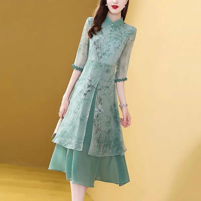 

Элегантное шифоновое платье в китайском стиле, женское весеннее приталенное и тонкое платье из двух частей с имитацией широкой юбки, новинк...