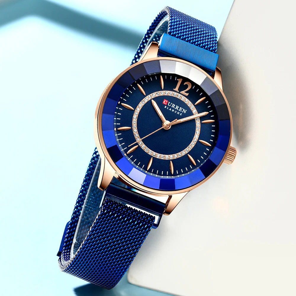

Fashion Quartz Watch Women CURREN New Rhinestone Mesh Steel Causal Blue Ladies Watch bayan kol saati Classy Luxury Clock