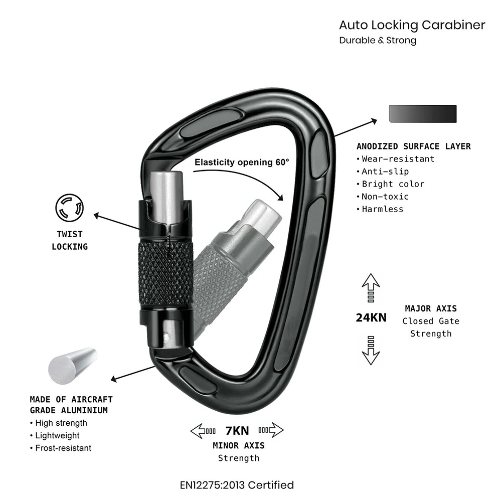 

24KN Auto Locking Climbing Carabiner Clips 2Pcs Heavy Duty Carabiners for Rock Climbing Mountaineer Hammock Camping Gym