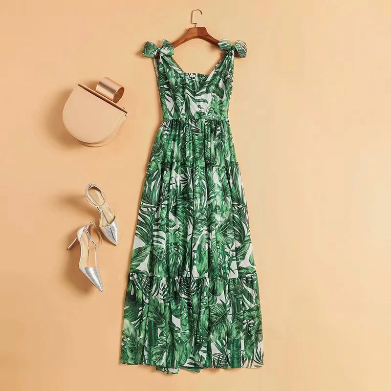 

SEQINYY Summer Dress 2020 Early Spring New Fashion Design Women Sleeveless Leaf Print Green A-line High Street Long Dress