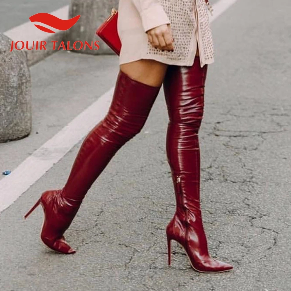 

JOUIR TALONS Big Size 47 women shoes Sexy Party Over-the-knee Side Zipper Thin High Heels Pointed Toe Knee Boots