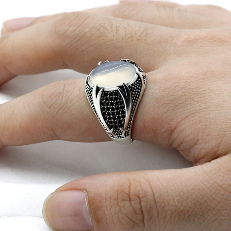

Knife Pattern White Opal Resin Black Zircon Retro Silver Color Ring Vintage Punk Rings for Men Muslim Religious Jewelry Gift