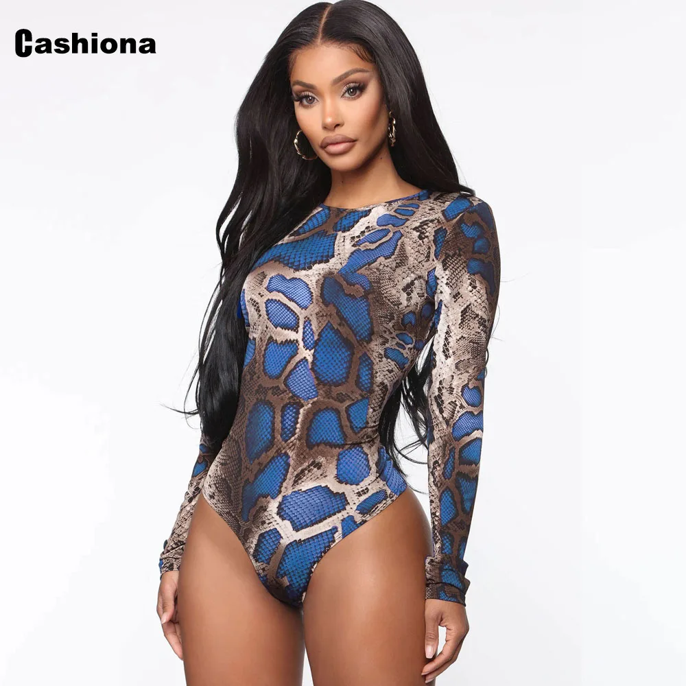 Cashiona Sexy Bodysuit Women Skinny Overalls Trend 2021 European Style 2021 New Spring Autumn Knitted Clothing Snakeskin Rompers
