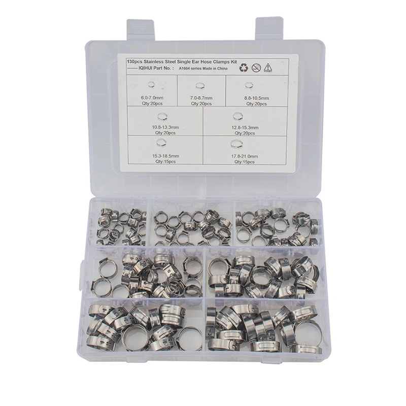 

130pcs Single Ear Car Hydraulic Hose Clamps O-Clips Stainless Steel Pipe Fuel Air Pipe Clamp 6.0-21.0mm
