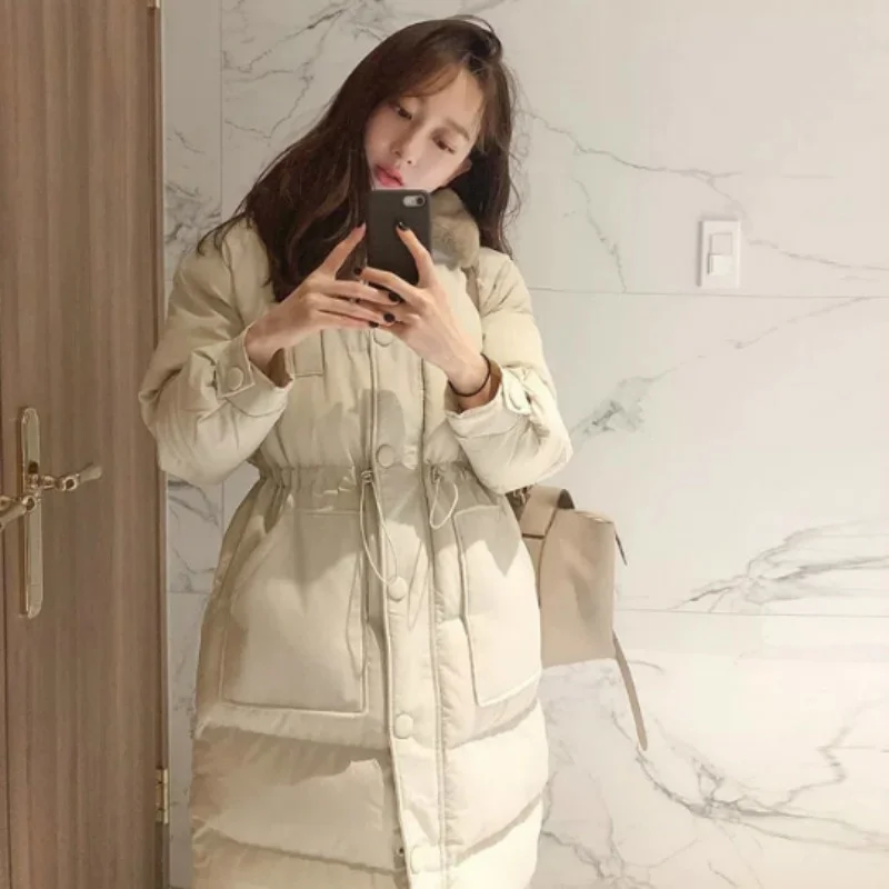 

Women Beige Long Parkas Fuzzy Collar Elastic Waist Warm Bread Coat Jacket Drawstring Overcoat Winter Covered Zipper Outerwear