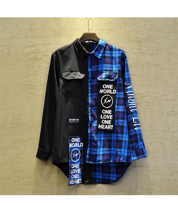 New Western Diablo Style Fashion Individuality Printed Plaid Patchwork Men's Long-Sleeved Shirts Hip Hop Autumn Streetwear Color