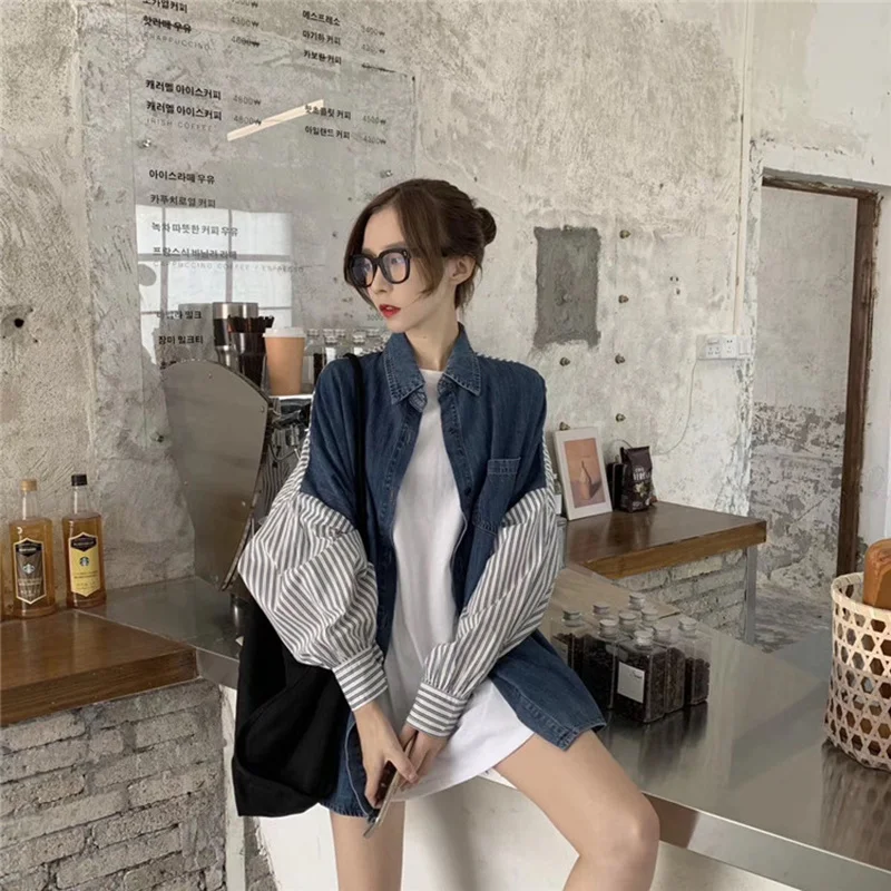 

Женская рубашка в полоску, с принтом, в Корейском стиле