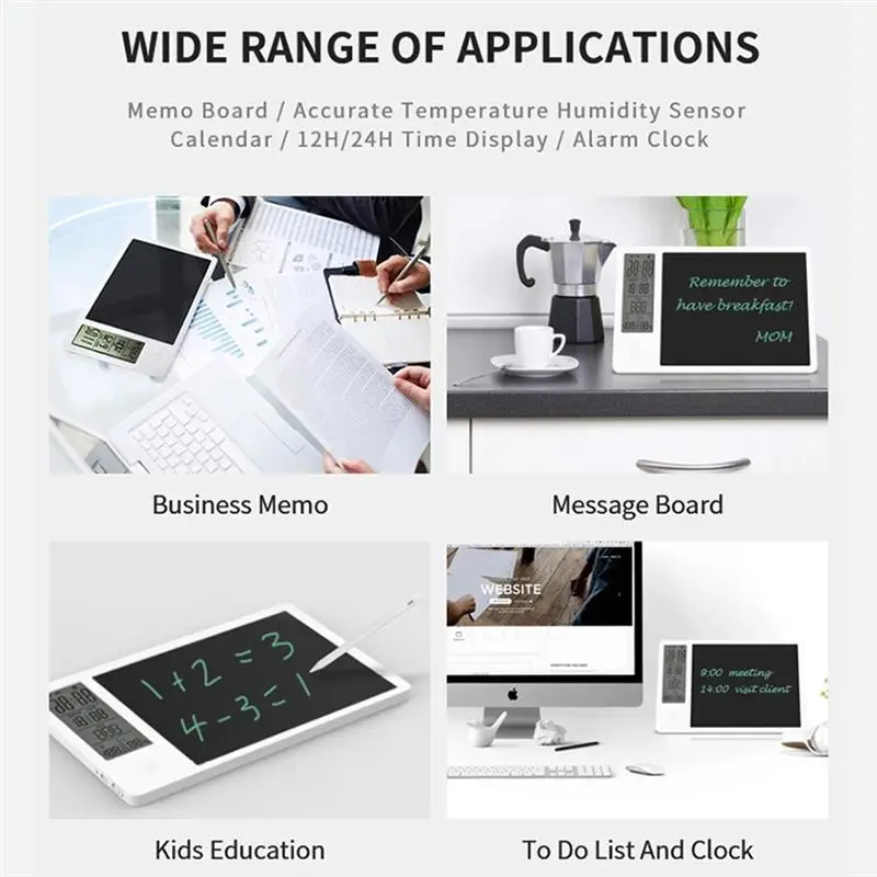 

LCD Writing Tablet Doodle Board Temperature Humidity Display Clock Calendar 9.5 Inch Drawing Pad For Office Home