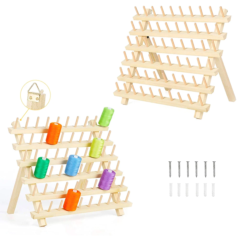 

60 Spool Foldable Wood Thread Stand Rack Holds Organizer With Hanging Hooks Cone Embroidery Machine Sewing Storage Holder