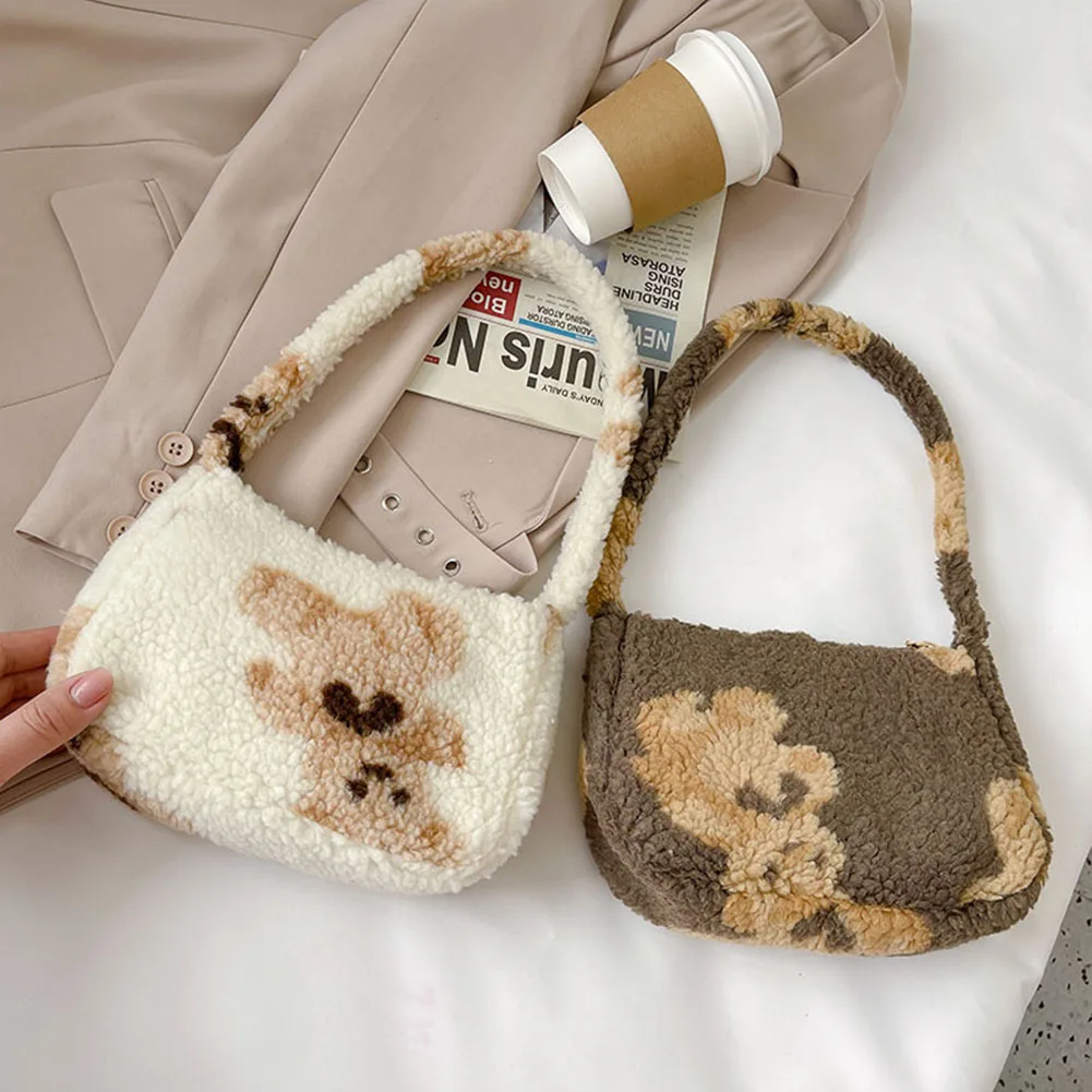 

2021 Cartoon Women Purses Bear Print Casual Small Shoulder Bag Female Mini Underarm Bag Ladies Woolen Fluffy Bag Phone Pouch