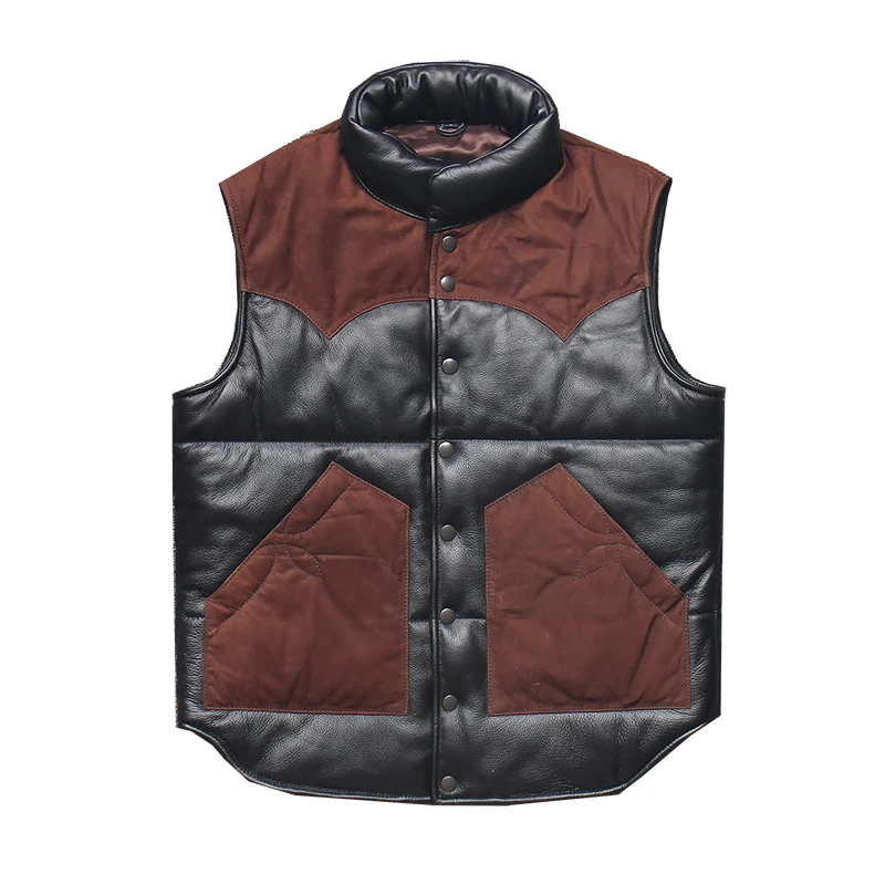 

Men's Thick Leather down Jacket Vest Stand Collar White Duck down Sleeveless Sheepskin Vest Leather Leather Jacket