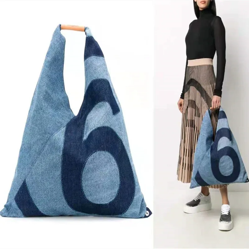 

Женская японская брендовая вместительная модная синяя джинсовая сумка с принтом логотипа M 6, сумка-тоут для покупок