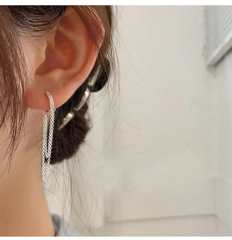 

s925 pure silver earrings with simple fashion long-flow chain zircon earrings exaggerated European and American style jewelry