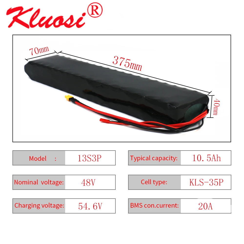 KLUOSI 48В 10,5Ач 11Ач 13S3P 10Ач 54,6В литий-ионный аккумуляторный блок с встроенной 20А BMS для 250Вт 450Вт 750Вт скутера Ebike Motor on.