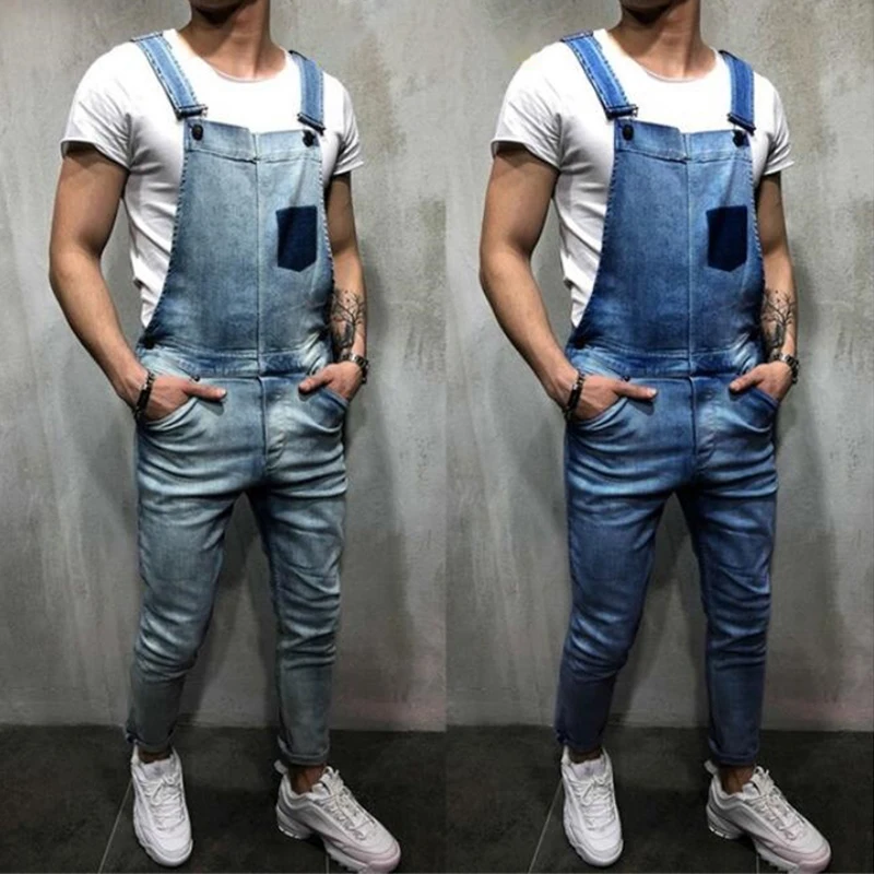 Летний джинсовый комбинезон мужской модный потертый уличный рваные джинсы