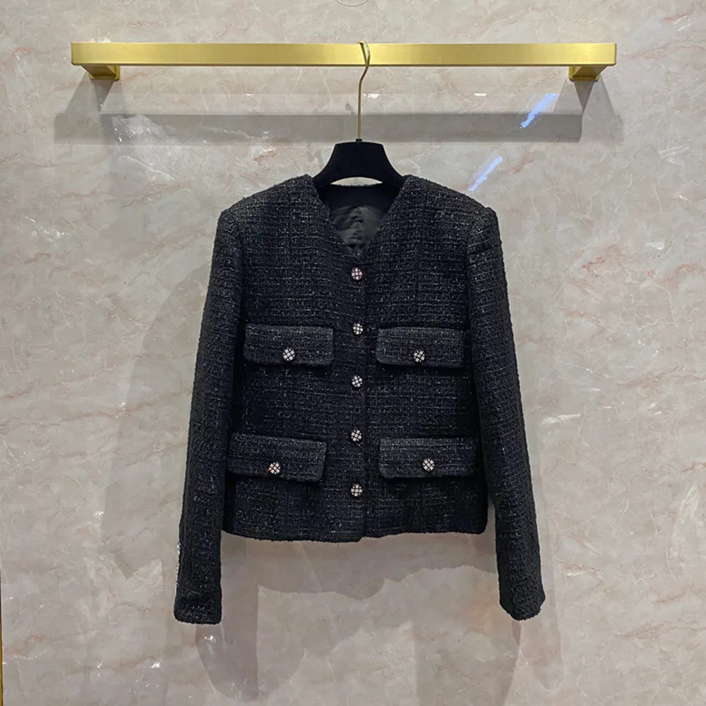 

Autumn New Designer Women's High Quality Wool Tweed Coat Chic V-neck 4 Pockets Jackets C982