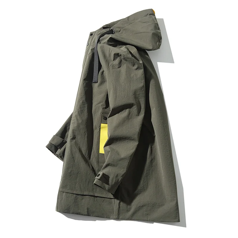 Мужская куртка осенняя новая тонкая длинная с капюшоном однотонная повседневная