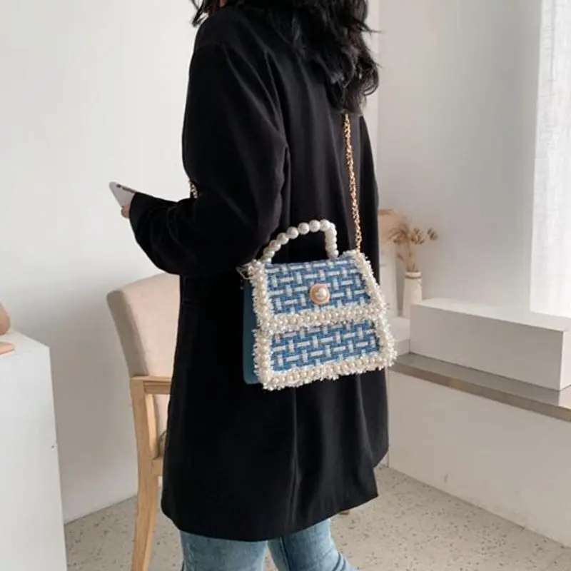 

Leather Bags For Women 2020 Crossbody Bags Handbags Fall And Winter Pearl Baitao Ins Chain One Shoulder Slant Small Square Bag