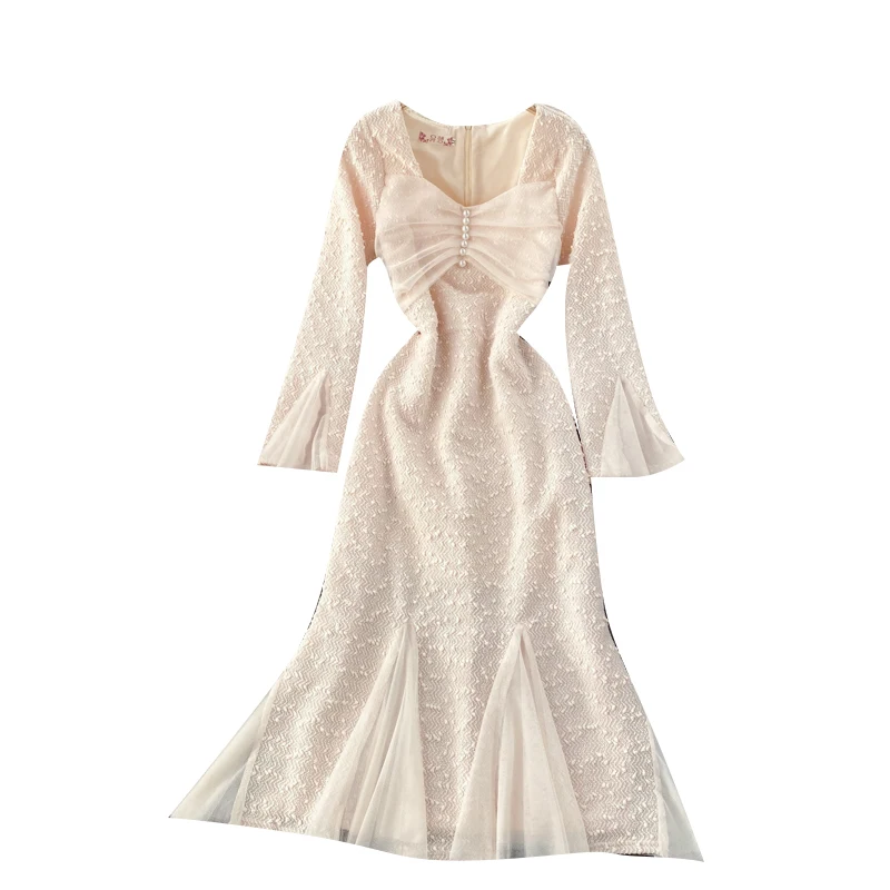 

Design Mesh Splice Mermaid Dress Women Korean Elegant Solid A-line Dress Autumn Fashion Streetwear Midi Dress