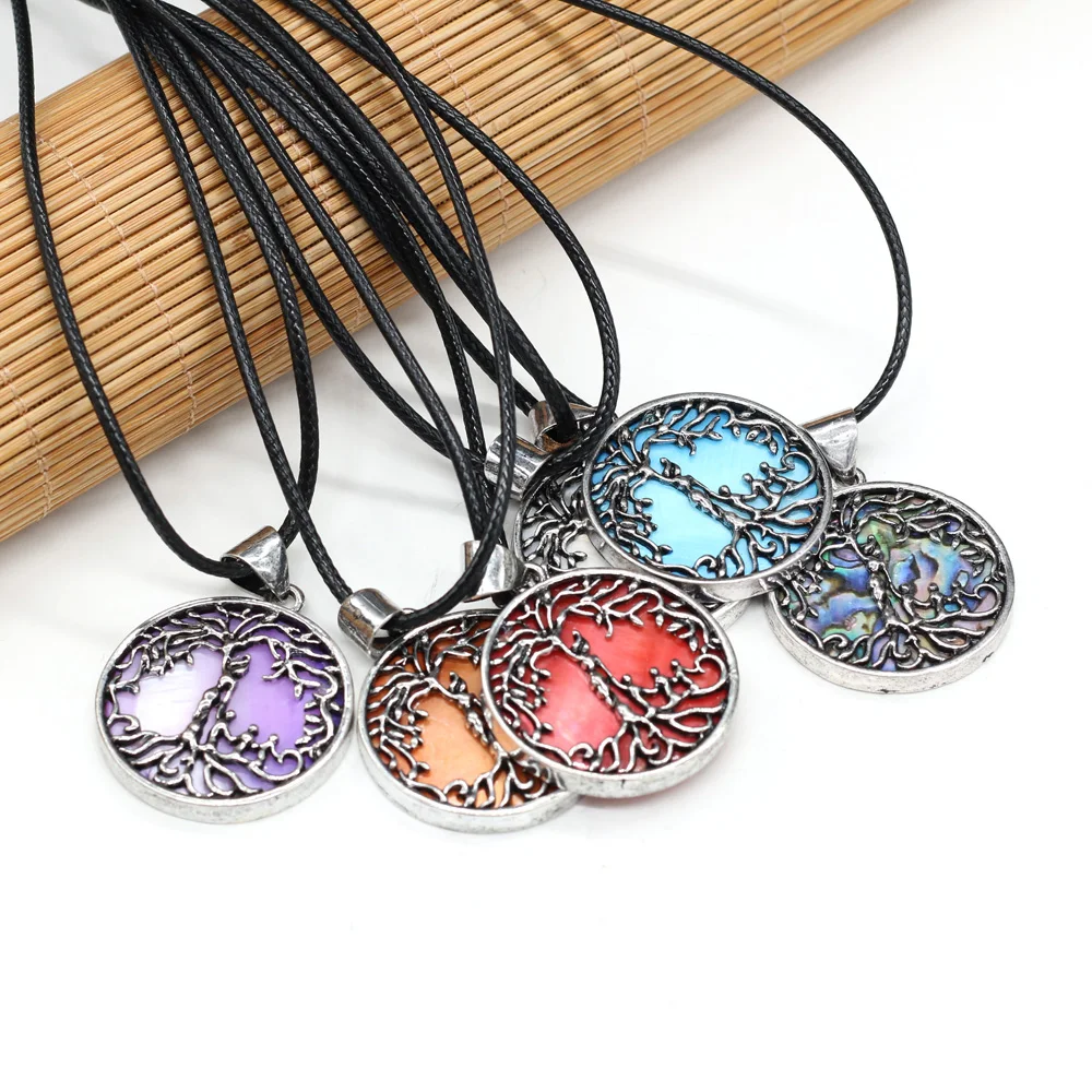

Natural Shell Pendant Necklace Round Multiple Color Dyed Shell Abalone Shell Charms Long Wax Thread for Women Jewelry Necklace