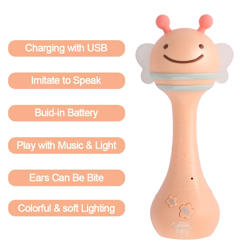 bean pink Beiens Кролик Детские колокольчики 4 цвета игрушки головоломка музыка и светильник погремушки 6-12 месяцев звук и светильник ритм индукция - Цвет: bean pink