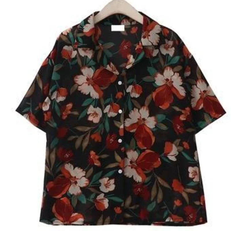 

2021 Summer Chiffon Blouse Short Sleeve Turn-down Collar Stylish Floral Print Loose Casual Shirts Chic Beach Tops