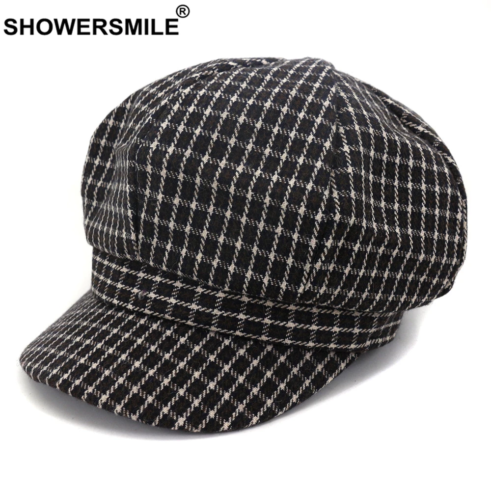 

SHOWERSMILE Plaid Newsboy Cap Art Hat for Women British Style Female Flat Cap Vintage Beret Ladies Casual Brand Octagonal Cap
