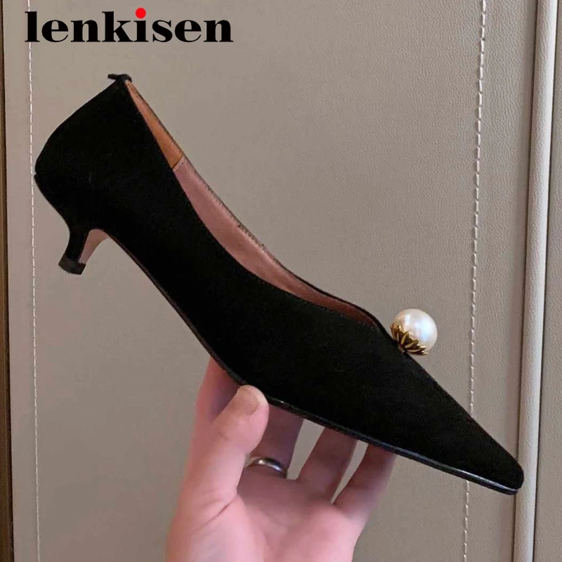 

Lenkisen newest style gladiator streetwear full grain leather pearl decorations pointed toe med thin heel slip on cozy pumps L23