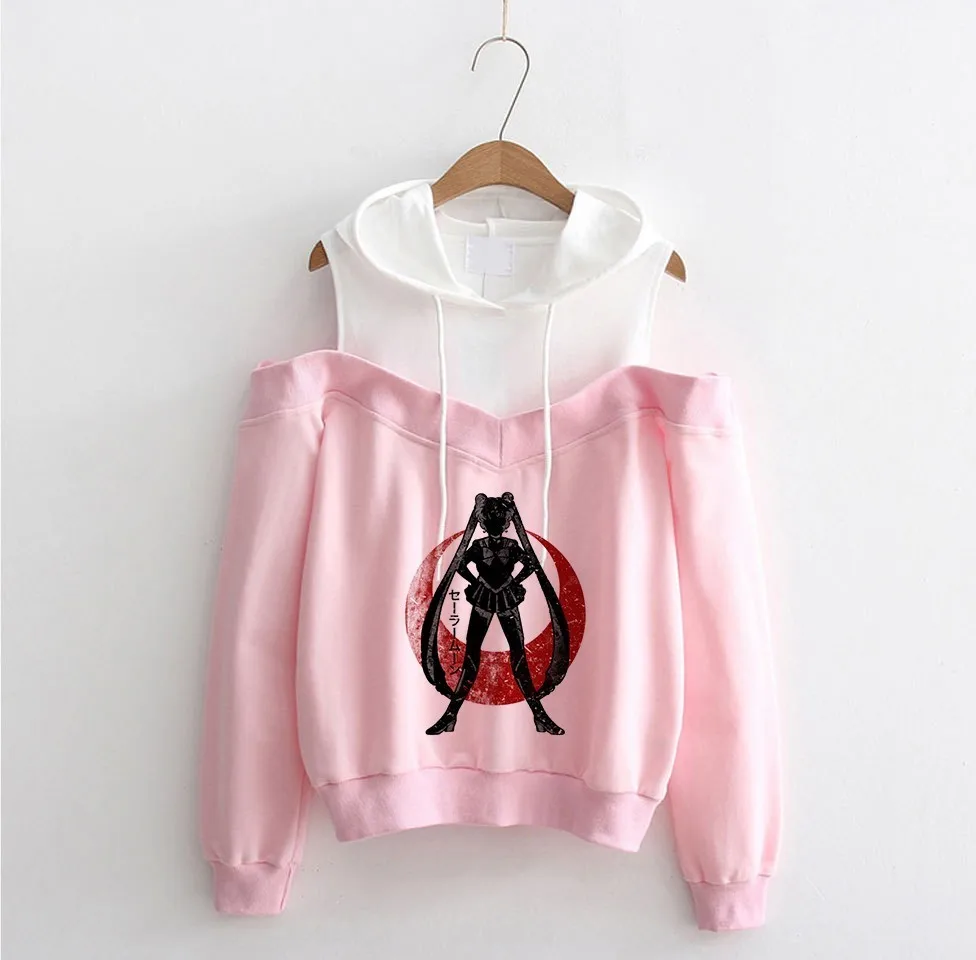 

Sailor Moon Off Shoulder Hoodie Cute Women Hoodies Female Streetwear Fashion Sexy Hoodie Pullovers Cartoon Print Sweatshirt Tops