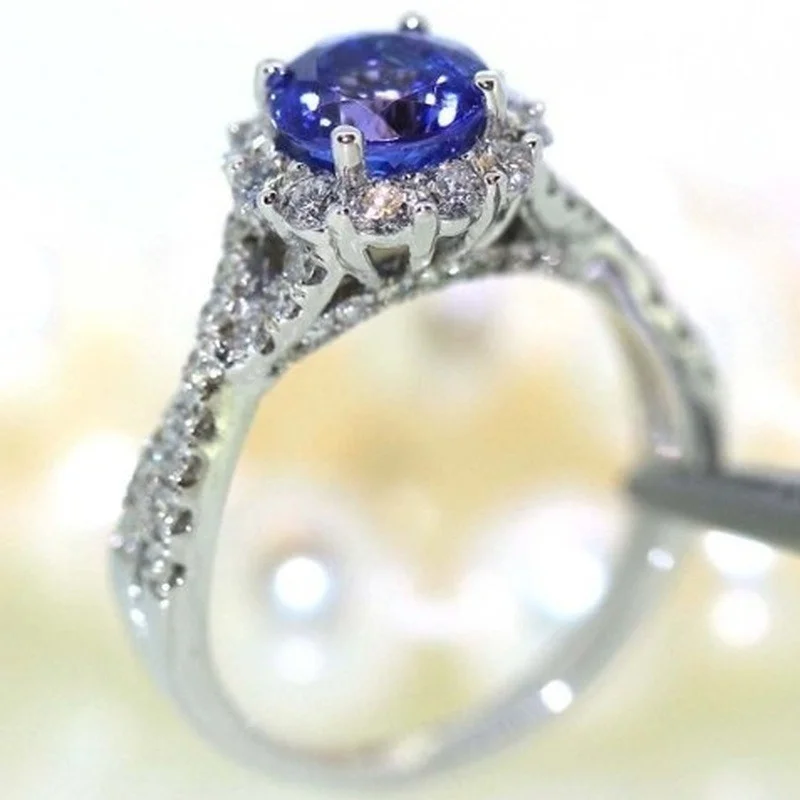 

Luxury Fashion 14K Platinum Natural Blue Diamond Female Romantic Ring Engagement Wedding Bride Princess Love Ring Size 6-11