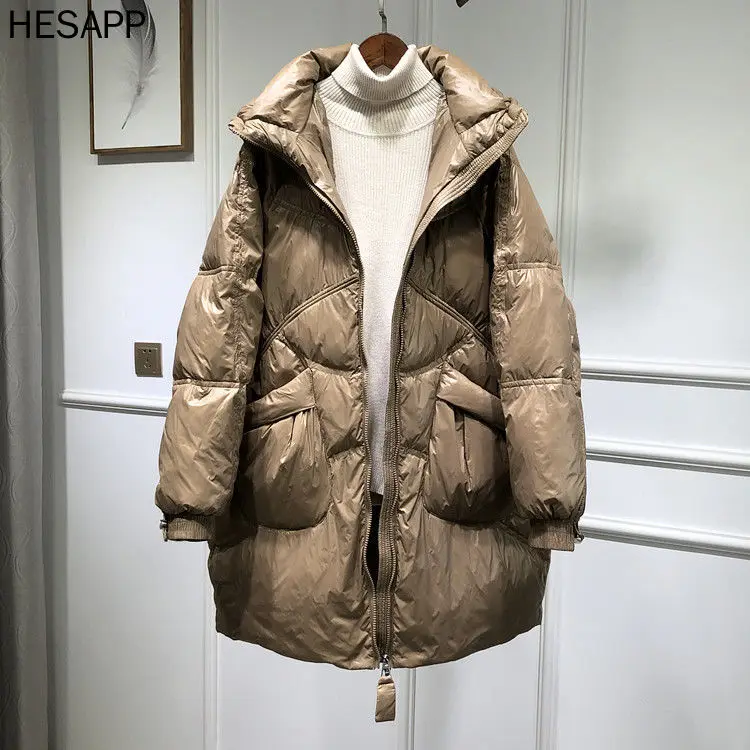 

2021 Women Winter New Hooded Loose Down Jackets Female Thick White Duck Down Coats Ladies Long Solid Color Warm Outwear Q464