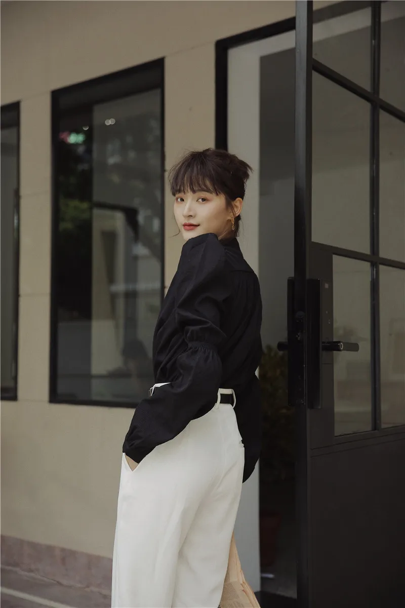 

CHEERART Puff Sleeve Top White Long Sleeve Blouse Women Stand Collar Vintage Button Up Shirt Ladies Tops And Blouses 2020