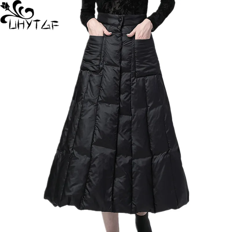 

UHYTGF Skirts Women Fashion 2022 High Waist Casual Long Skirt For Women Thicken Down Cotton Warm Winter Skirt 3XL Big Size 1777