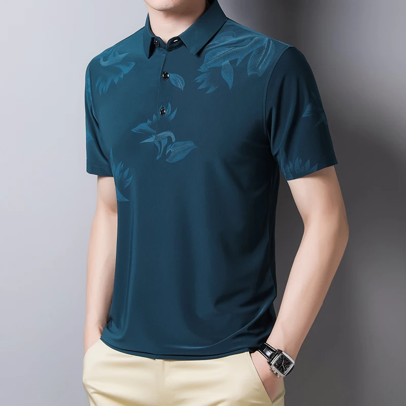 

2021 Summer Middle Aged Men's T-shirt Short Sleeve Ice Material Dad Summer Turn collar Slippery Men's Clothing