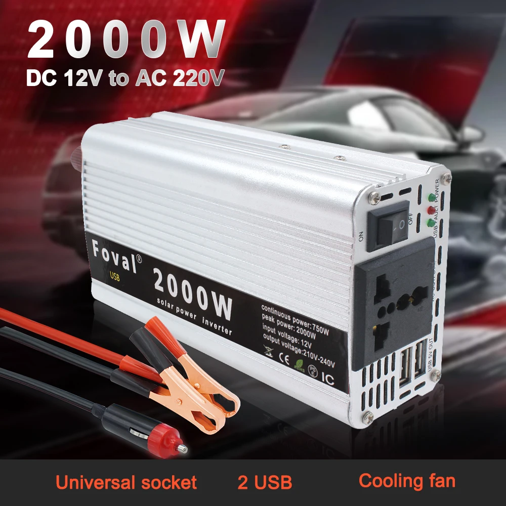 

Автомобильный инвертор 12 В/24 В постоянного тока на 220 В переменного тока, 2000 Вт, переносное зарядное устройство, конвертер, адаптер, модифици...