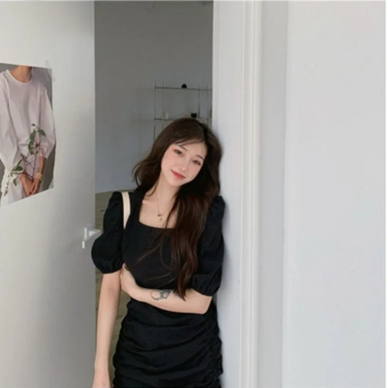 

Elegant Women 2018 Cotton Casual A-line Skirt Tight Short Knee Length Mini Drawstring Commuter Square Collar Foam Sleeve Summer