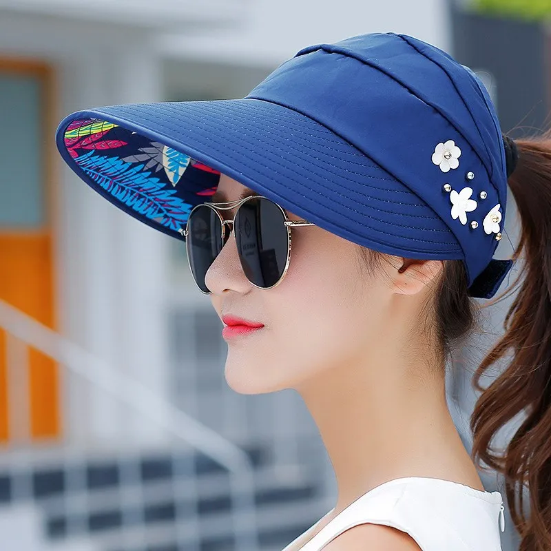 

QJHH Summer Female Soil Foldable Sunscreen Empty Top Hat Korean Version Of The Big Eaves Sun Hat New Pearl Flower Cool Hat