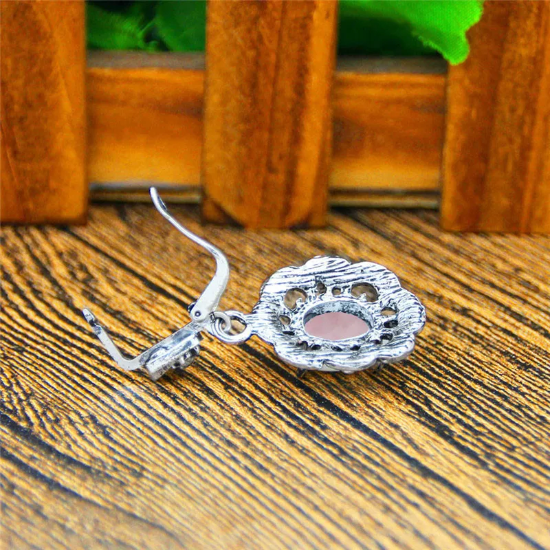 Vintage Natural Pink Quartz Jewelry Set Rhinestone Flower Necklace Earring Antique Sliver Plated For Women Fashion Jewelry