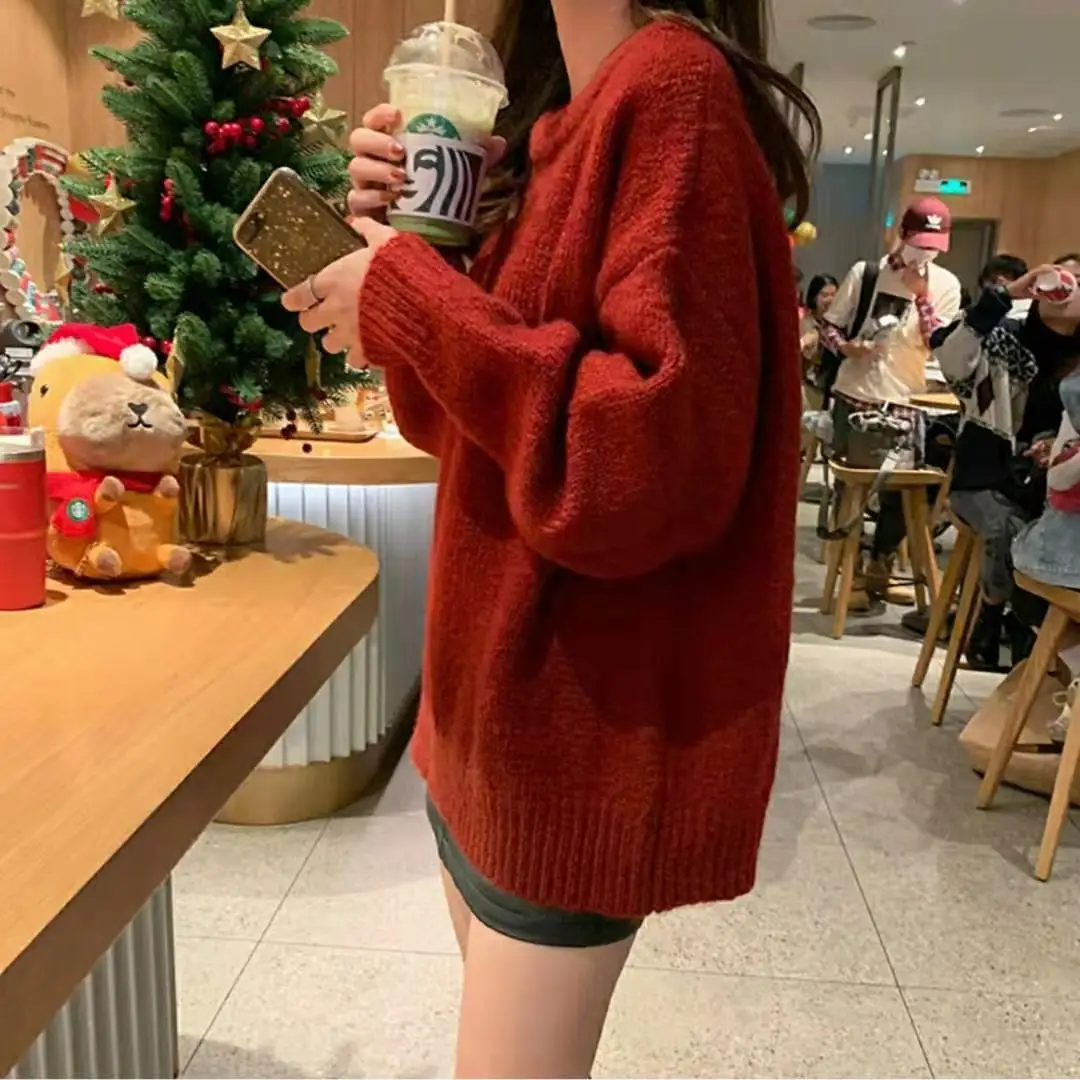 Пуловеры женские бордовые свободные милые праздничные Простые повседневные