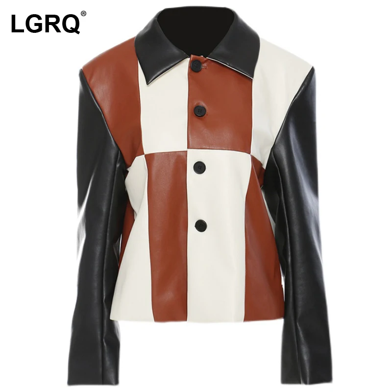 

[LGRQ] Splicing Single Breasted PU Leatherl Jacket New Lapel Long Sleeve Women's Coat Fashion Tide Spring Autumn 2021 19D5121