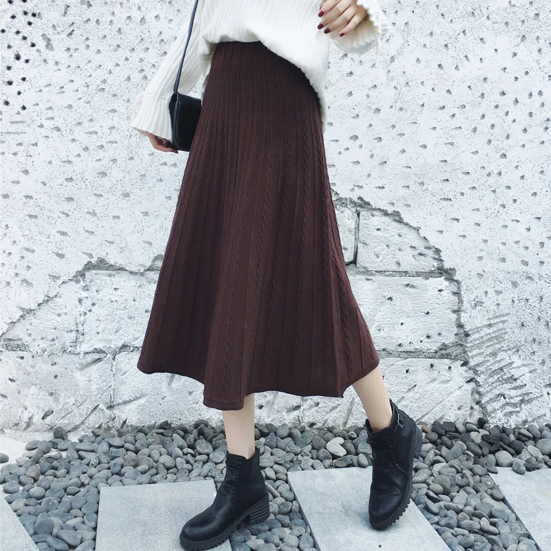 

Winter Skirt Woman 2019 Fall Elastic High Waist A Line Twist Flowers Cable Knitted Skirts Female Vintage Basic Warm Long Falda